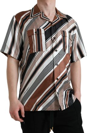 Dolce & Gabbana Mens Brown White Silk Striped Short Sleeve Shirt