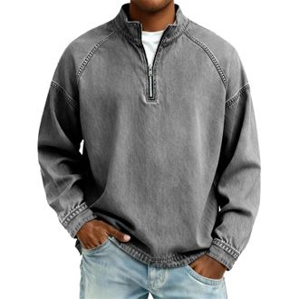 Generic DENGJIAMY Mens Quarter Zip Pullover Fashion Collar Denim Shirt Long Sleeve Classic Casual Jean Tops Winter Tops Plus Size Vintage Sweatshirt (Grey, XX