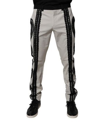 Dolce & Gabbana Mens Black Lace-Trim Cotton Trousers White Elastane