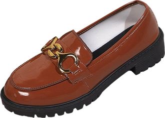 Generic Brown Ladies Everyday Round Toe Shoes with Shiny Finish and Metal Decoration for Leisure Activities