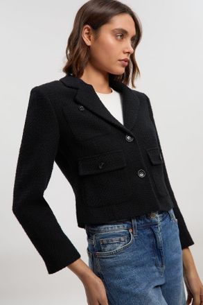 Karen Millen Womens Textured Tweed Cropped Tailored Jacket - Black Cotton - Size 14 UK
