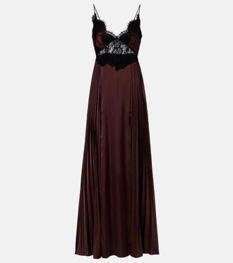 Self Portrait Lace-trimmed pleated satin maxi dress