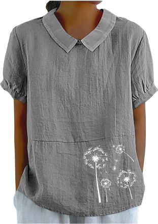 Generic Linen Shirts for Women UK Summer Lightweight Short Sleeve Tshirts Cute Collared Tops Boho Casual Blouses