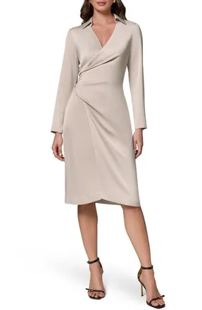 DKNY Long Sleeve Faux Wrap Satin Dress in Tuscan Gre at Nordstrom, Size 12
