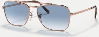 Ray-Ban New Caravan - Occhiali da sole squadrati color oro rosa con lenti blu