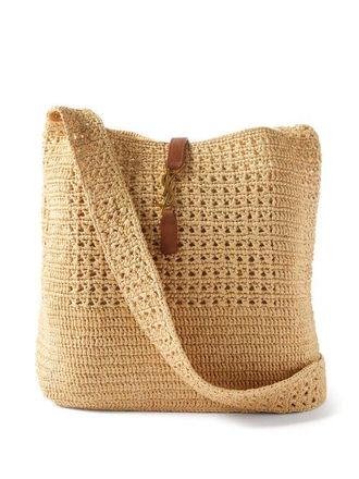 Saint Laurent Ysl-plaque Faux-raffia Crochet Tote Bag - Womens - Cream