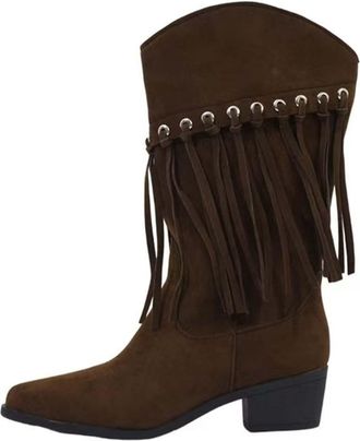 Generic Fringe Cowboy Boot Women, WomenS Western Mid-Calf Boots With Chunky Heel And Fringe Tassel Detail Cowgirl Boots Stylish Suede Finish Comfortable Booti