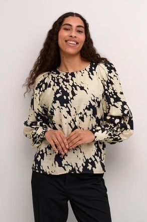 Kaffe KAlouise Long Sleeve Round Neck Blouse in Black/sand Graphic Cloud at Nordstrom, Size 12