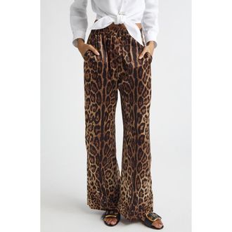 Dolce & Gabbana Leopard Print Wide Leg Stretch Silk Satin Pajama Pants in Hy13M Leo New at Nordstrom, Size 10 Us