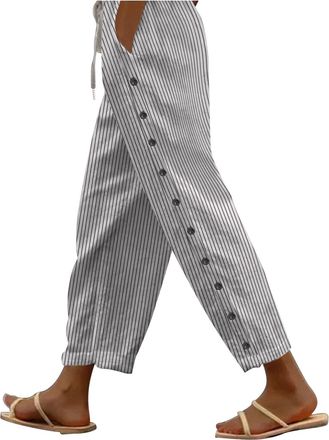 Generic White Cotton Linen Trousers for Women Casual Solid Plain Elastic Waist Wide Leg Palazzo Lounge Pants Summer Loose with Pockets Happy Vacation Outfits 