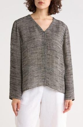 Eileen Fisher V-Neck Organic Linen Blend Button-Up Top in Black/Natural at Nordstrom Rack, Size X-Large