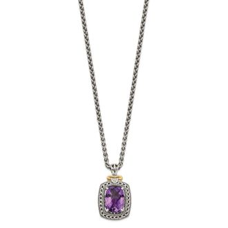 Diamond2Deal Sterling Silver with 14K Accent Cushion Amethyst and Diamond Pendant Necklace
