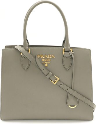 Prada Saffiano Gray Leather Handbag Shoulder Bag Tote Bag (Pre-Owned)