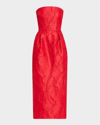 Monique Lhuillier Strapless Rose Jacquard Midi Dress