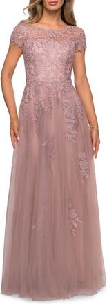 La Femme Beaded Lace Rhinestone A-line Evening Gown in Mauve at Nordstrom, Size 18