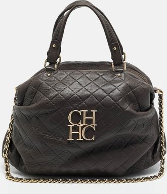 Carolina Herrera Pleated Chain Dark Brown Quilted Leather Satchel