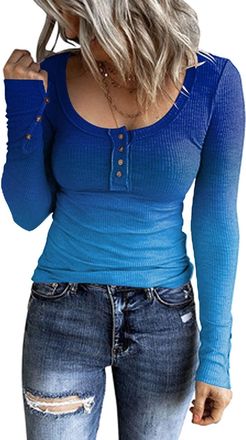 Generic Women Long Sleeve Henley T Shirts UK Button Down Slim Fit Casual Tops V-Neck Ribbed Knit Tunic Shirts 2023