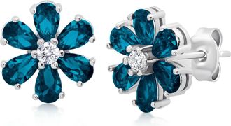 MAX + STONE 925 Sterling Silver Round Flower Gemstone Hoop Earrings with White Topaz Stone