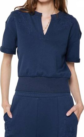 Current Air Embroidered Cropped Short Sleeve Sweatshirt In Dark Navy