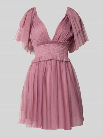 Lace & Beads Cocktailkleid mit V-Ausschnitt und Taillenband in Rose, Gr&ouml;&szlig;e M