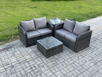 Fimous Rattan Sofa Set Outdoor Garden Furniture Set with Square Coffee Table Loveseat Sofa Side Table Dark Grey Mixed