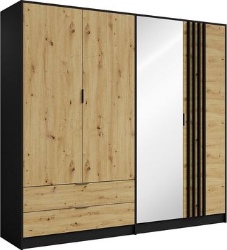 Vente-Unique Armario 4 puertas y 2 cajones - Con espejo - L220 cm - Color: Negro y natural - TUNALO