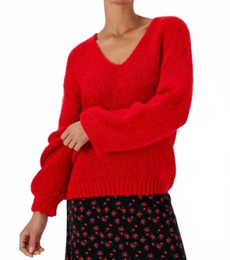 French Connection Fluffy Knit V Neck Sweater In Red