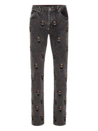 Philipp Plein bear-embroidered jeans - men - Fabric - 32 - Grey