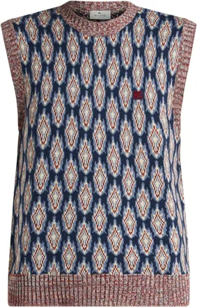 Etro Pegaso-appliqu&eacute; jacquard-pattern waistcoat - men - Wool/Cotton - S - Blue