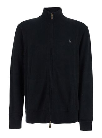 Polo Ralph Lauren Black Cardigan With High Neck And Pony Embroidery On The Front In Wool Man