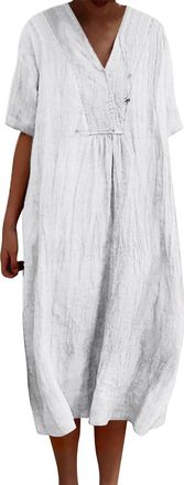 Generic Linen Dress for Women 2025 Sundress Plus Size Summer Dresses Oversized Casual Midi Dress Floral Printed Boho Dresses(00 White,L)