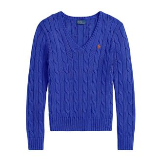Polo Ralph Lauren V-neck Knitwear, female, Blue, Size: L Cable-Knit V-neck Sweater