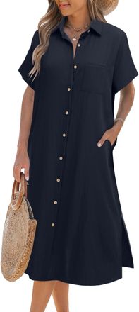 Zeagoo Long Shirt Dress for Women Short Sleeve Summer Dresses with Pockets Casual Beach-Dresses Button Midi-Dress Ladies Cover Up Navy Blue S