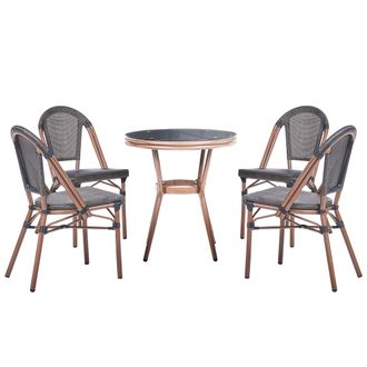 Beliani Conjunto De Comedor Exterior 4 Plazas Mesa Redonda De Rat&aacute;n Sint&eacute;tico Y Sillas Con Estructura De Aluminio Gris Rifreddo