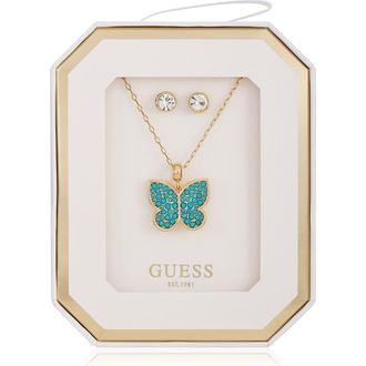 Guess Butterfly Pendant Necklace & Stud Earrings Set in Gold/blue at Nordstrom Rack