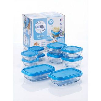 Duralex Servicio De Comida Para Beb&eacute; - Duralex - Beb&eacute; Transparente - 10 Piezas - Con Tapa Azul - Vidrio Templado