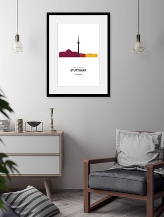 Queence Bild »Stuttgart Color Splash« Deutschland Gebäude Schriftzug Städte 1 Stk. tlg. HD Premium Poster-Druck inkl. Holzrahmen