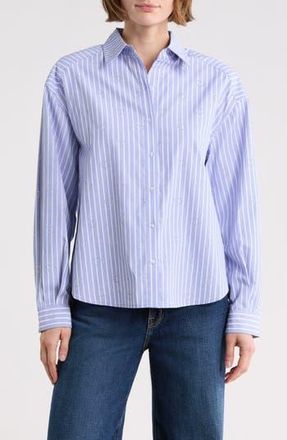 Nanette Lepore Stripe Embellished Button-Up Shirt in Blue Stripe Heart at Nordstrom Rack, Size X-Large