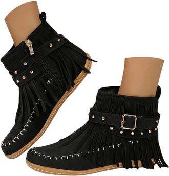 Generic Womens Fringe Cowboy Boots Short Wide Width Ankle Boots Vintage Stylish Buckle Suede Short Booties Fashion Western Pull On Retro Low Heel Dress Shoes 