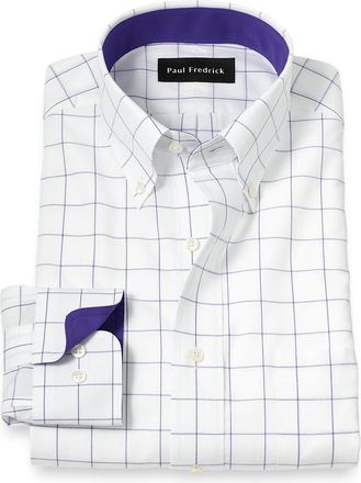 Paul Fredrick Slim Fit Non-iron Cotton Windowpane Dress Shirt With Contrast Trim