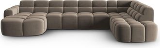 MICADONI Sofá esquinero panorámico derecho 7 plazas de terciopelo marrón claro