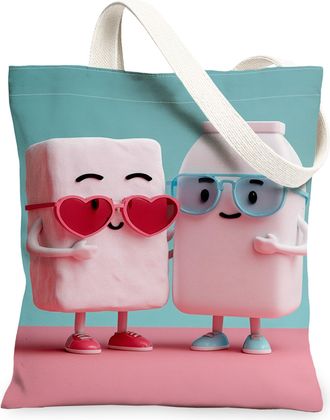 Generic Cute Food Characters Canvas Tote Bags, Adorable Cartoon Pattern Reusable Grocery Bags, Lightweight Washable Shoulder Strap, Blue, 13x15 Inch