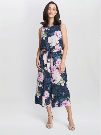 Gina Bacconi Womens Hope Printed Cropped Jumpsuit With Tie Belt - Navy - Size 10 UK