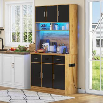 Merax Kitchen Tall Cabinet Pantry with LED, Charging Station, Shelves in Natural