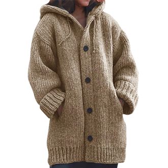 Generic Nidddiv Knitted Cardigan Hooded Jackets for Women UK Solid Colour Knitted Sweater Plus Size Long Coat for Women Buttons Crochet Cardigans with Pocekts