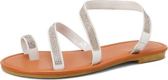 Generic Eestfy Womens Rhinestone Strappy Sandals Flat Crystal Embellished Toe Ring Sandals Bohemian Summer Beach Footwear Casual Slides for Holiday & Street,W