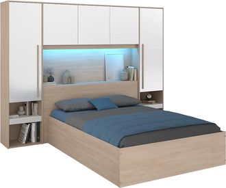 Vente-Unique Letto Contenitore 140 X 190 Cm Con Ponte Letto Con Led Bianco Lucido E Naturale - Velona