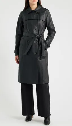 DKNY Double Breasted Leather Trench Coat in Black at Nordstrom, Size X-Large