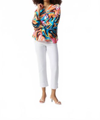 Joseph Ribkoff Abstract Print V-Neck Boxy Satin Top In Vanilla/multi