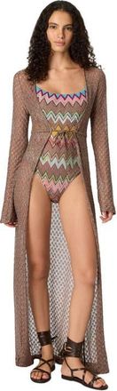 Missoni Long Cardigan In Lam&eacute; Viscose With Spiderweb Motif in Brown at Nordstrom, Size 46 It